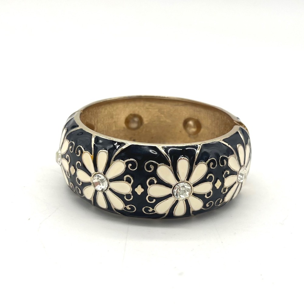 Amrita Singh Black White Enamel Daisy Crystal Hinged Bangle Bracelet